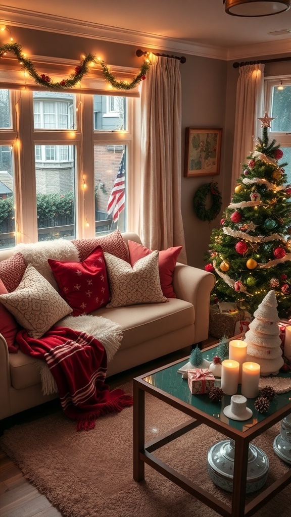 Cozy Christmas living room with a decorated tree, string lights, and festive decor.